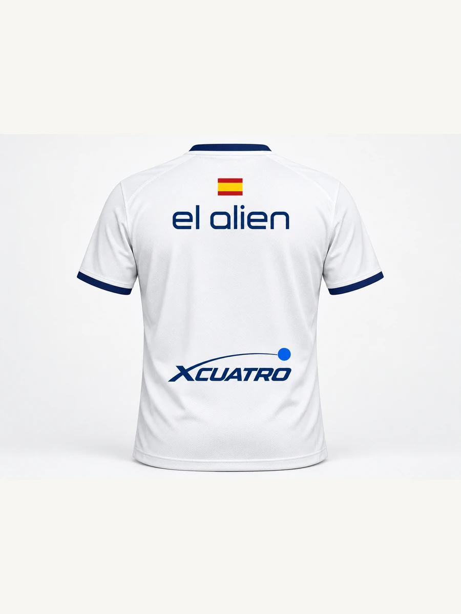 Back of the el alien shirt with Spanish flag, lowercase el alien and XCUATRO at the base