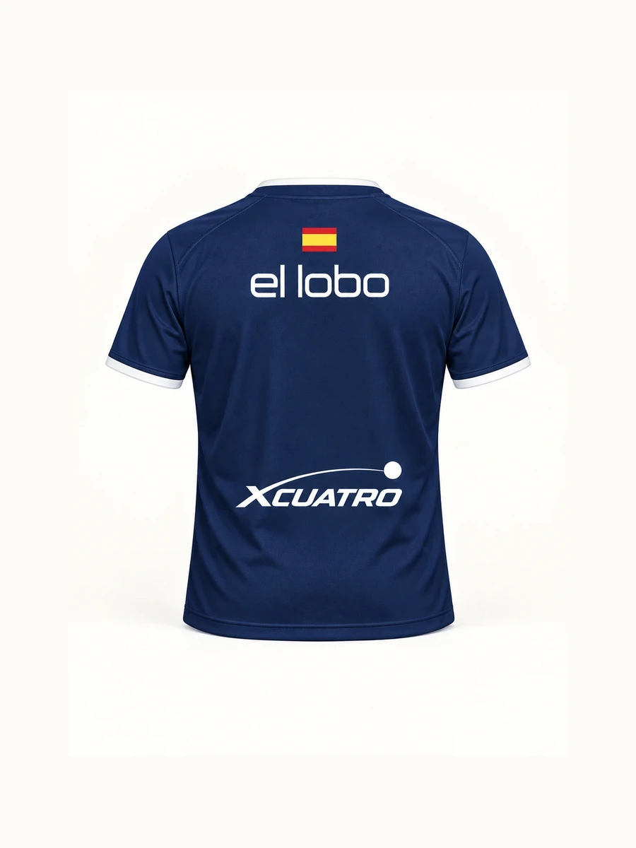 Back of the el lobo shirt with Spanish flag, lowercase el lobo and XCUATRO at the base