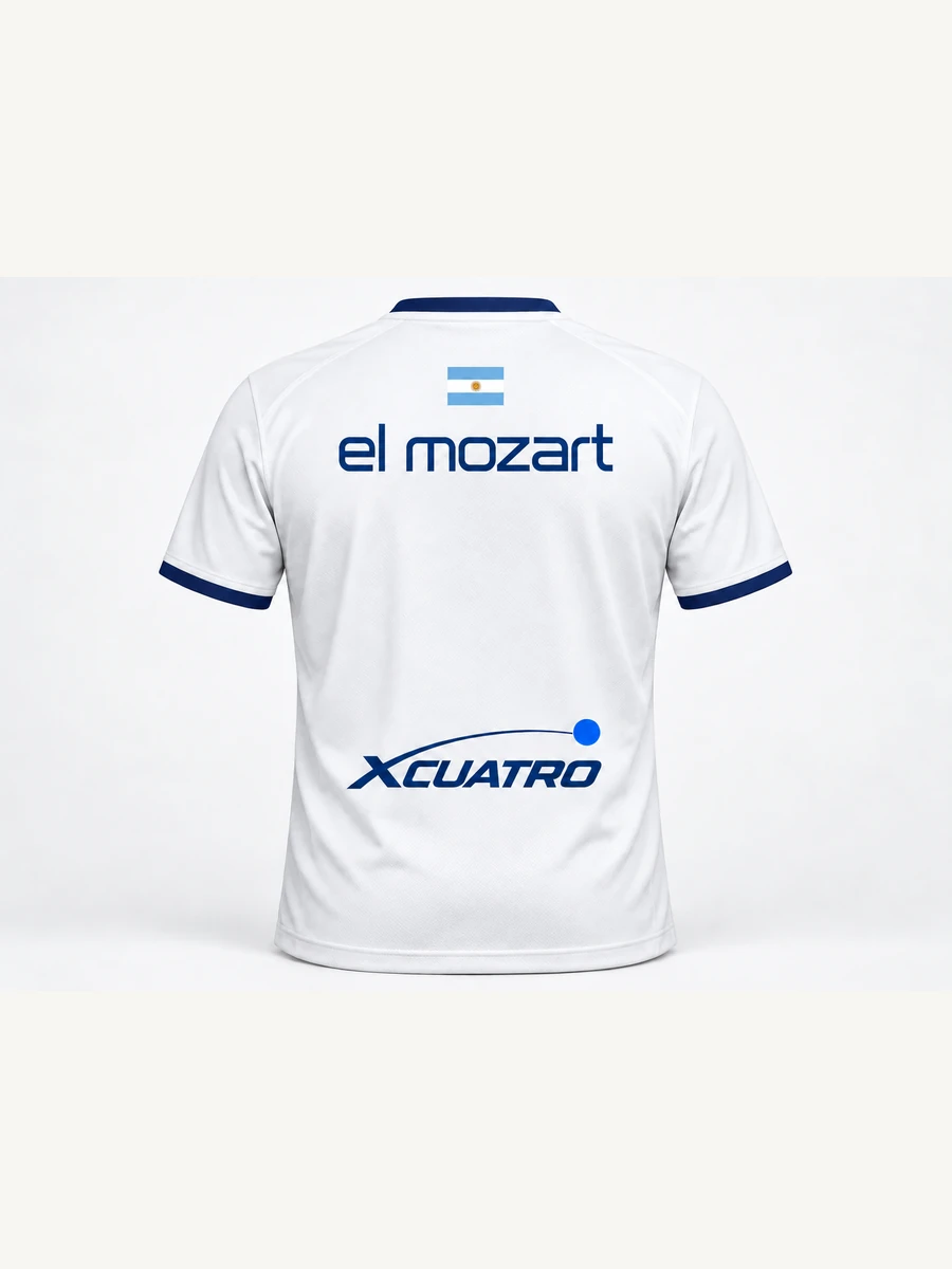 Back of the el mozart shirt with Argentine flag, lowercase el mozart and XCUATRO at the base
