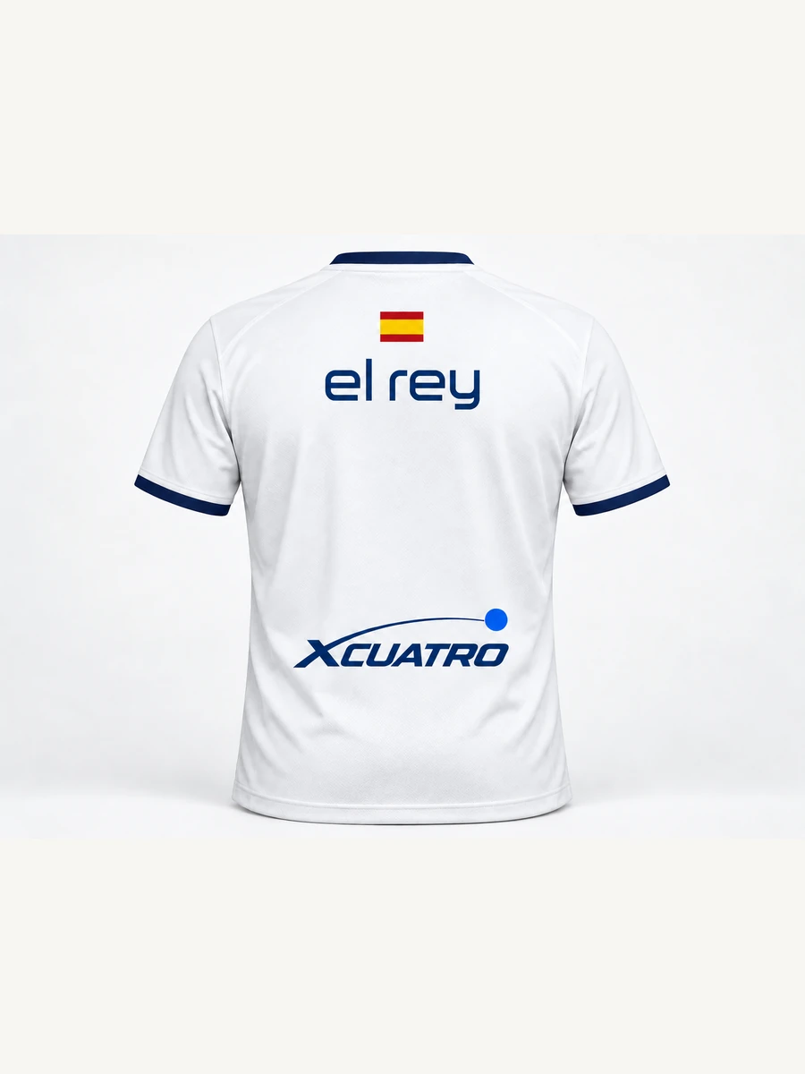 Back of the el rey shirt with Spanish flag, lowercase el rey and XCUATRO at the base