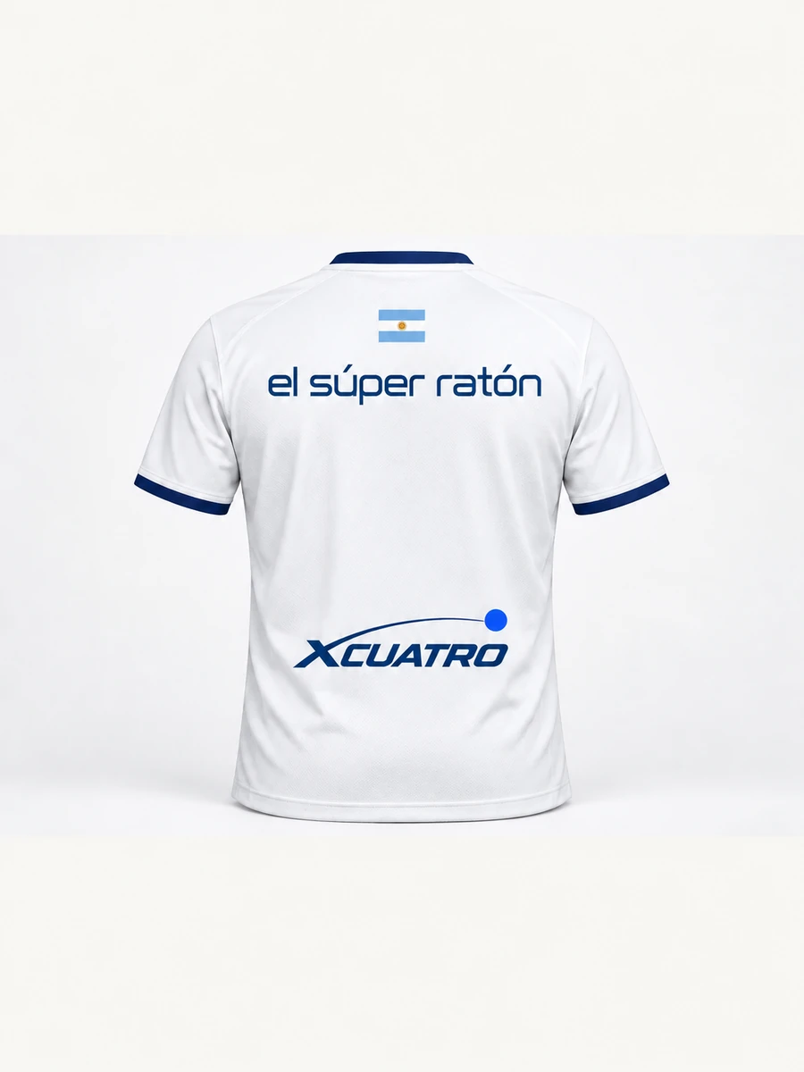 Back of the el súper ratón shirt with Argentine flag, lowercase el súper ratón and XCUATRO at the base