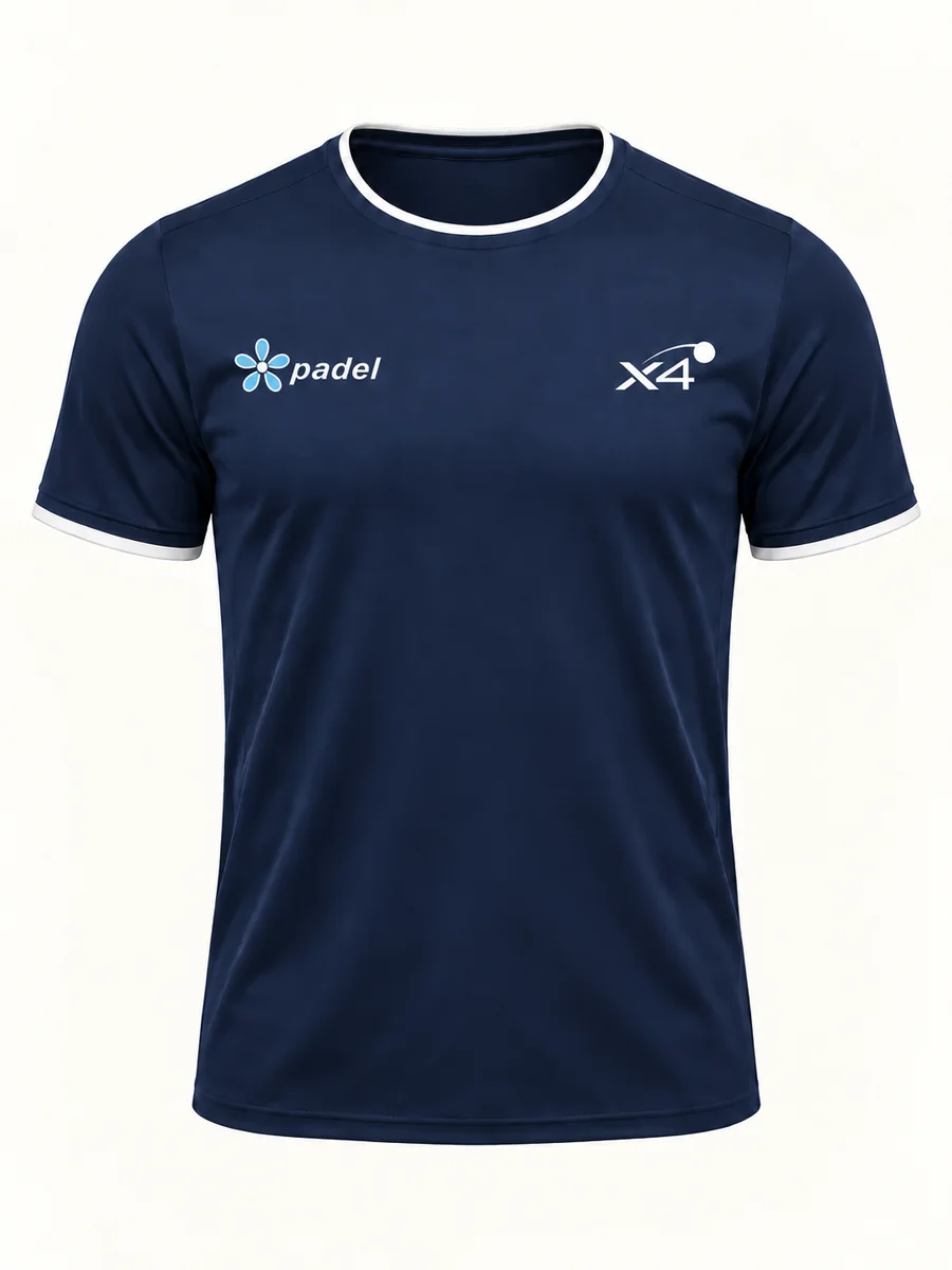 Navy XCUATRO performance shirt with white trim and X4 and padel chest badges