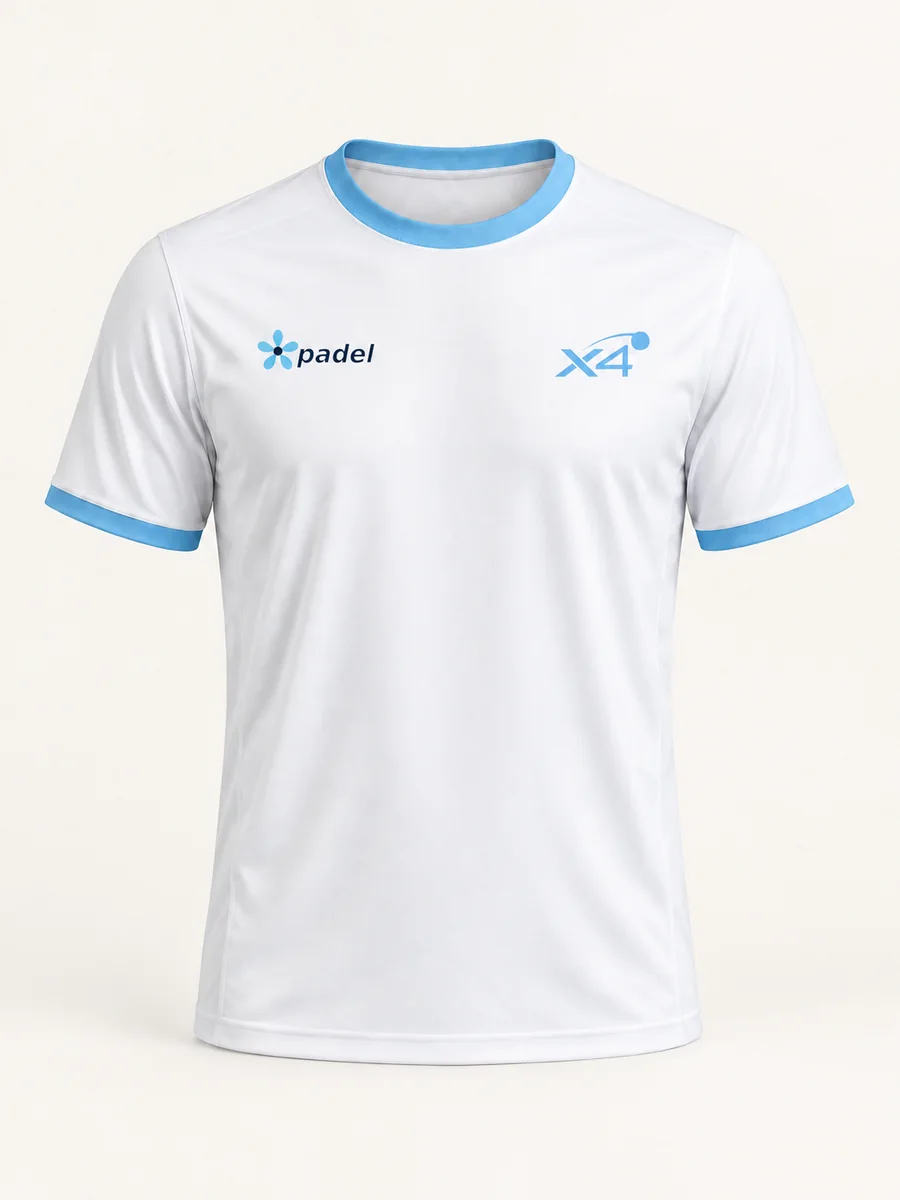 White XCUATRO performance shirt with celeste trim and X4 and padel chest badges