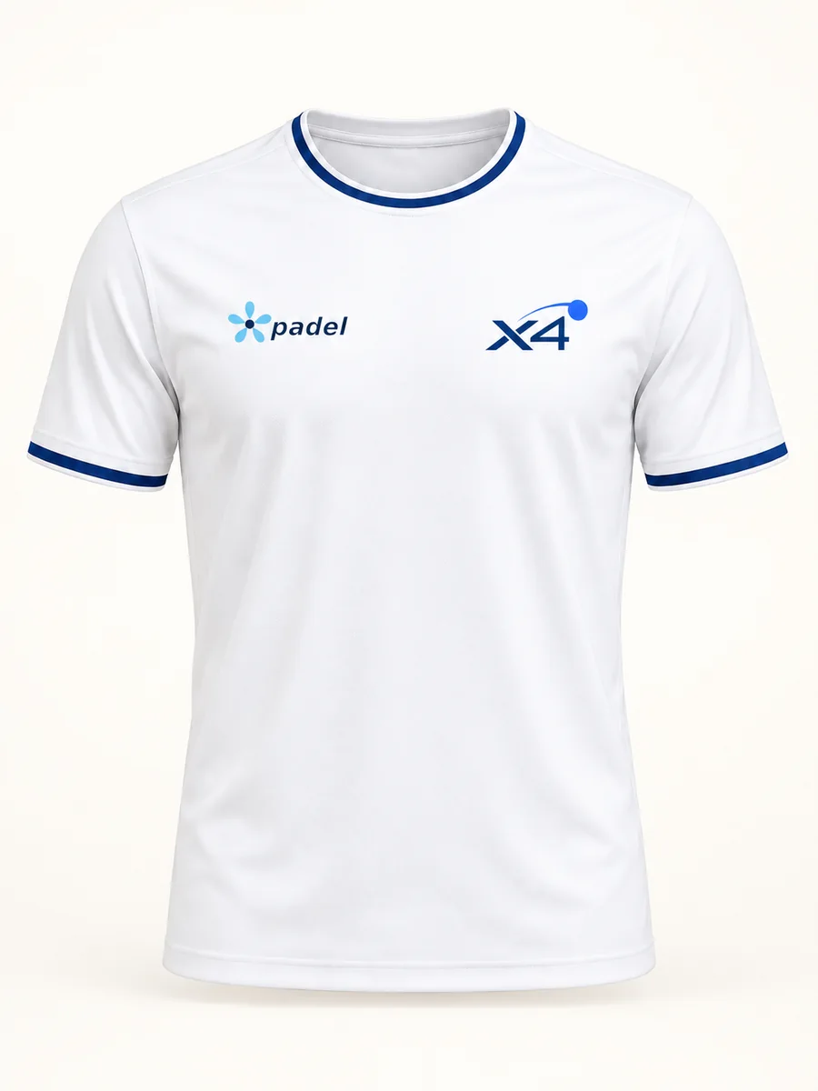 White XCUATRO performance shirt with navy trim and X4 and padel chest badges